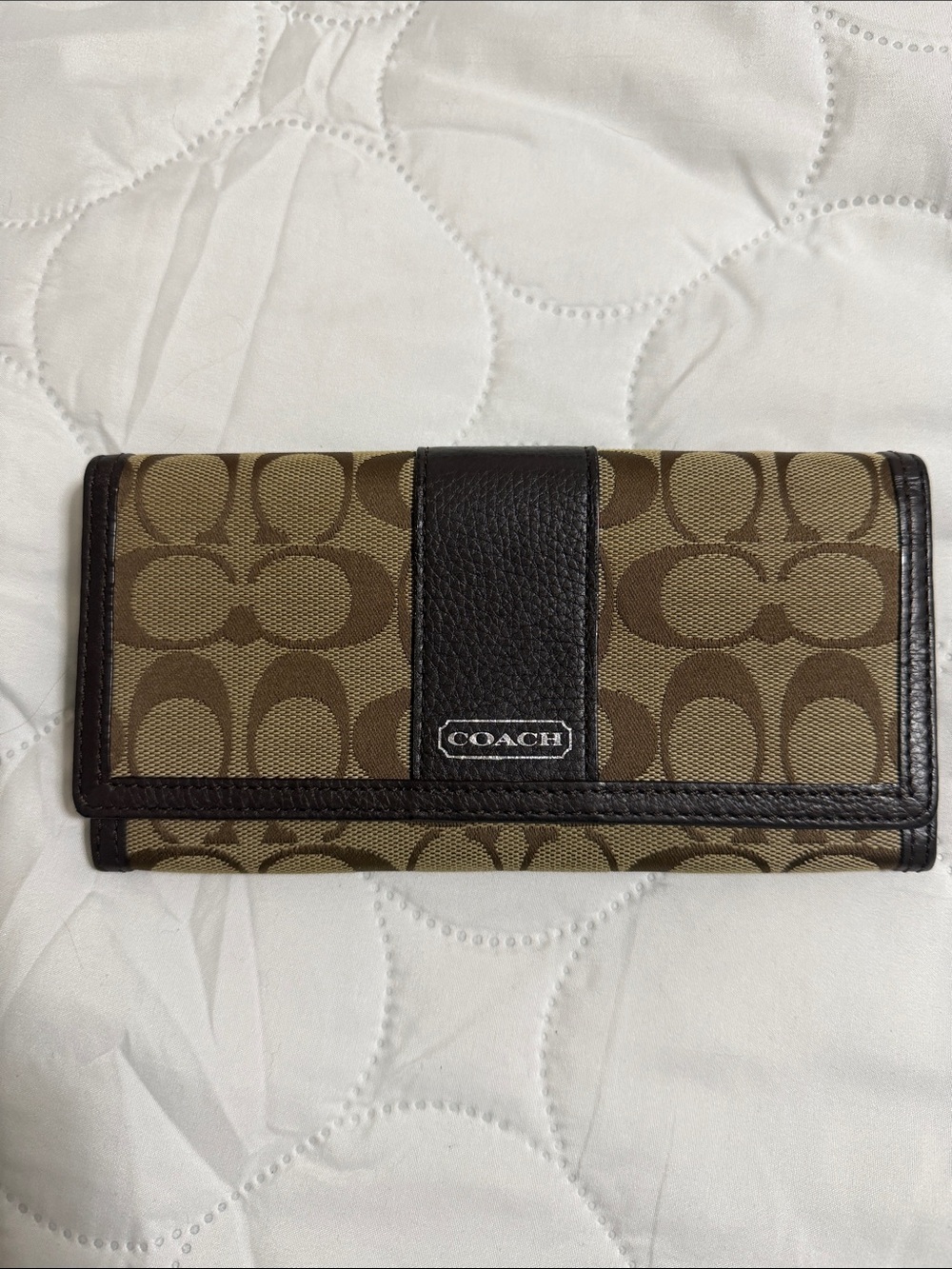 ππCoach Brown Signature Canvas Trifold Wallet with Dark Brown Trimππ